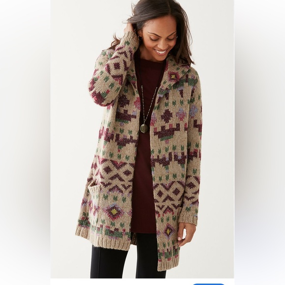 J. Jill Sweaters - J Jill Lenox topper Aztec Lenox Hooded Sweatercardigan sz L beige burgundy wool